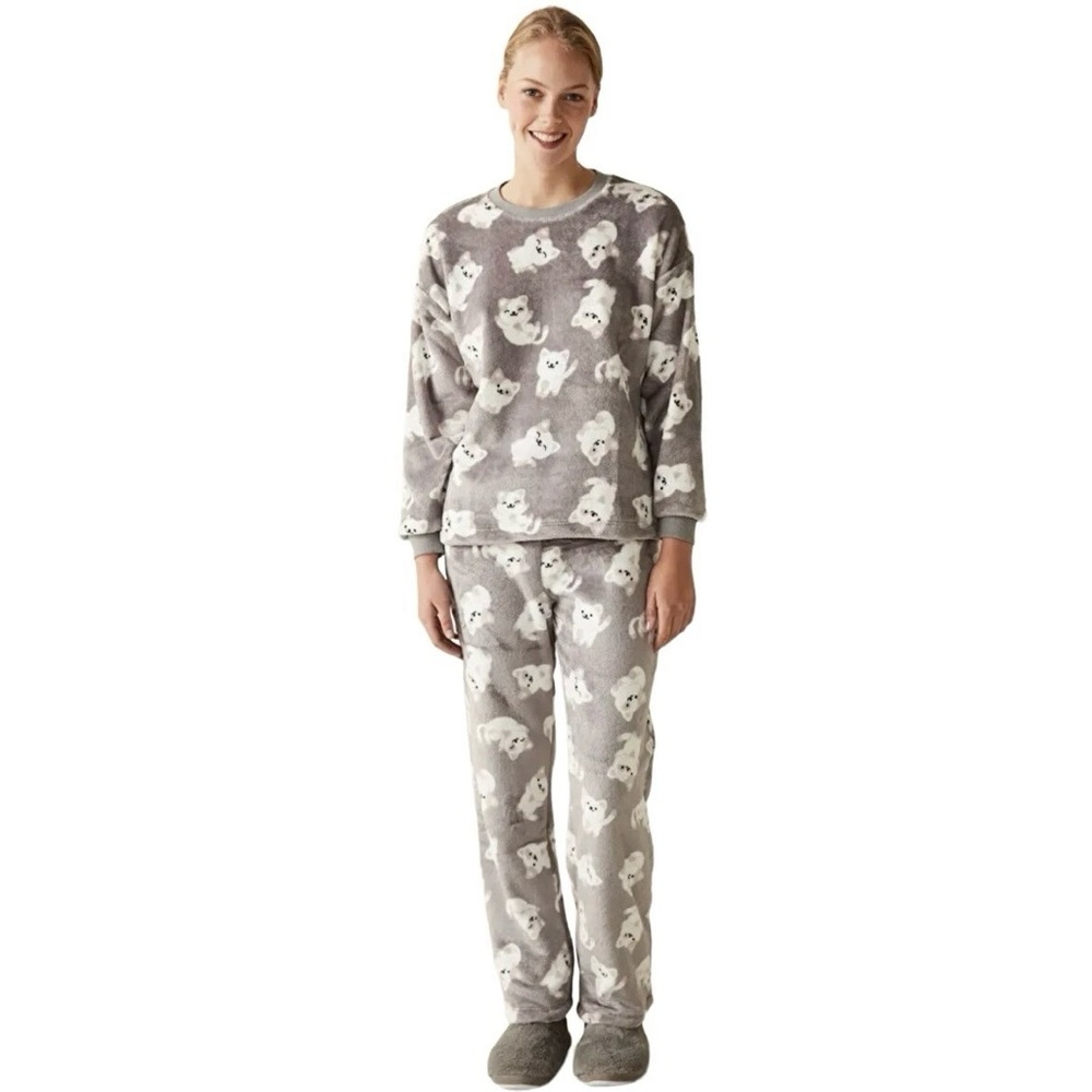 Penti Womens M Puppy Dog Print Gray Pajama Set Soft Cozy Winter
